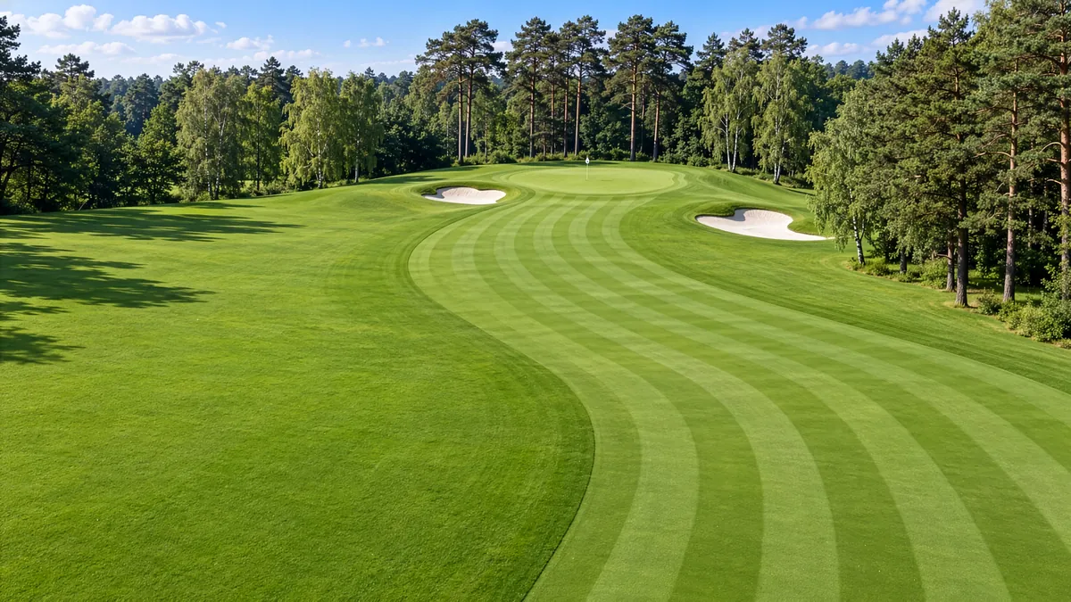 A striped fairway curving between white bunkers to a green framed by pines and silver birch.