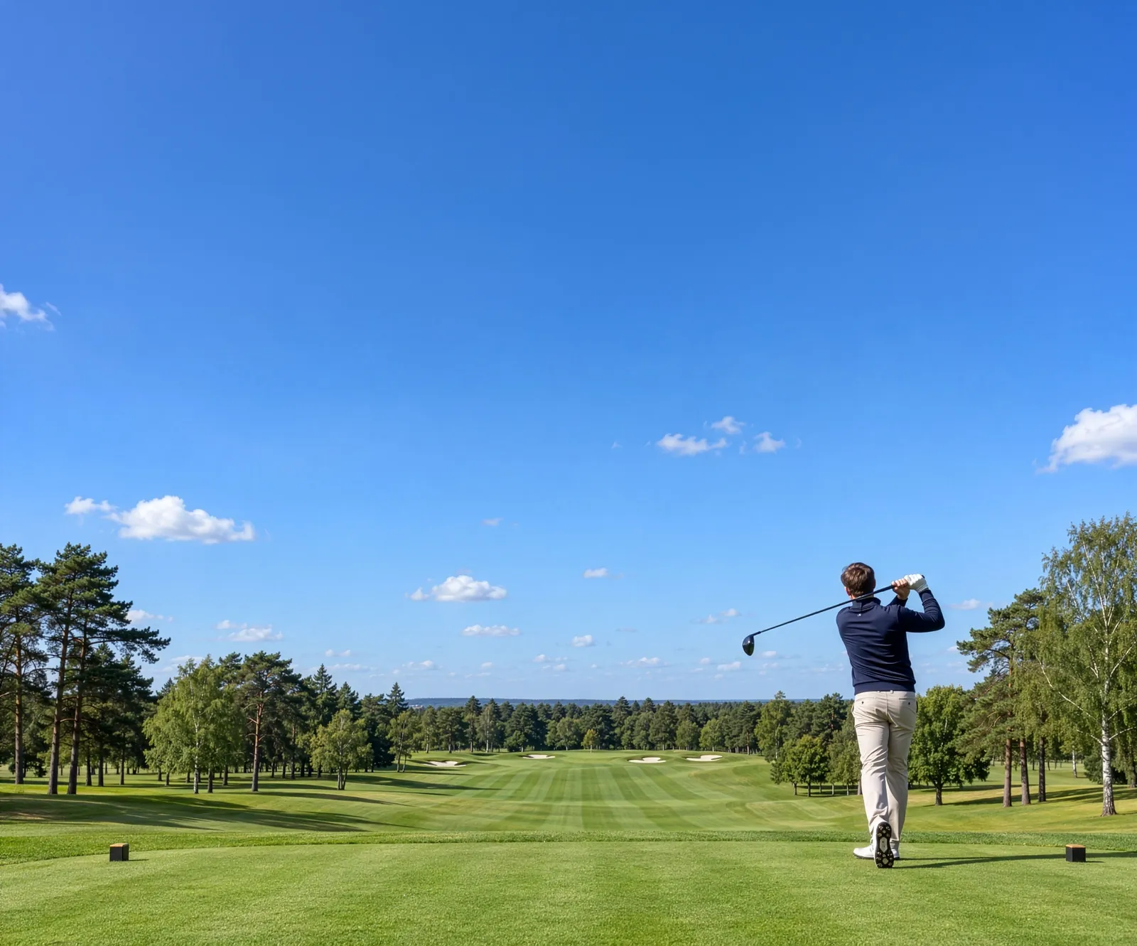 Seen from behind, a golfer holds his follow-through on the 1st tee at Wrenmoor Heath and watches his drive down a striped fairway lined with pines and silver birch.