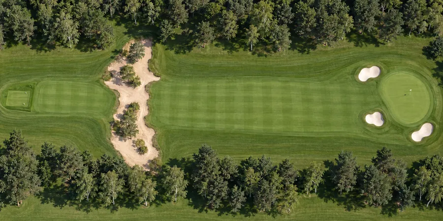 Aerial view of hole 15, Old Quarry, from the tee on the left to the green on the right.