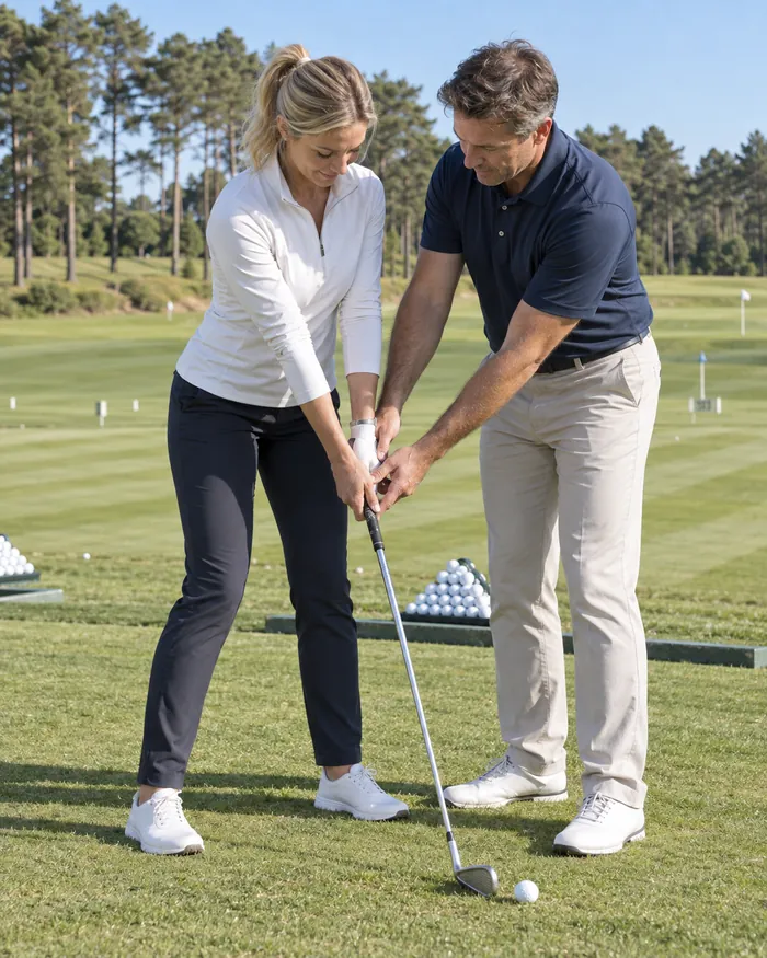 On the practice ground, a teaching professional adjusts a pupil's grip on an iron.