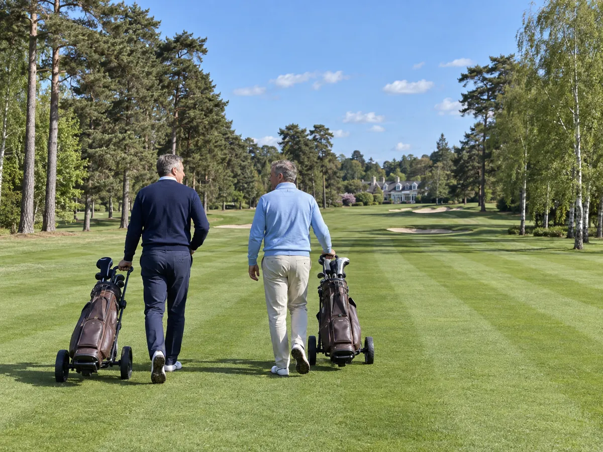 Two members walk down a striped fairway with their trolleys, pines and silver birch either side.