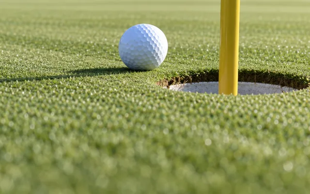 A putt rolling up to the hole beside a yellow flagstick on a closely cut green.