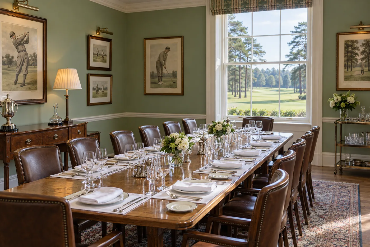 The Committee Room laid for dinner, a long polished table with leather chairs, framed golfing prints and a sash window onto the pines.