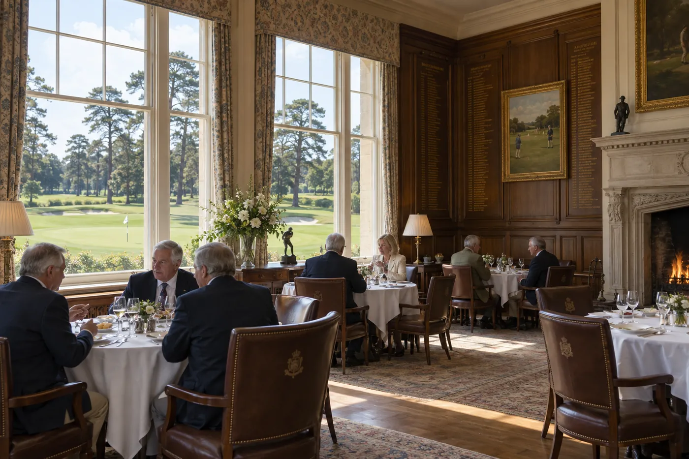 The oak-panelled Long Room at lunch, tables laid with white linen beside tall windows onto the course and a fire lit at the far end.