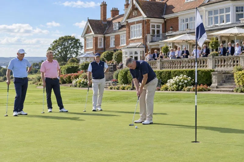 A four-ball putts out on the 18th green while members watch from the clubhouse terrace.