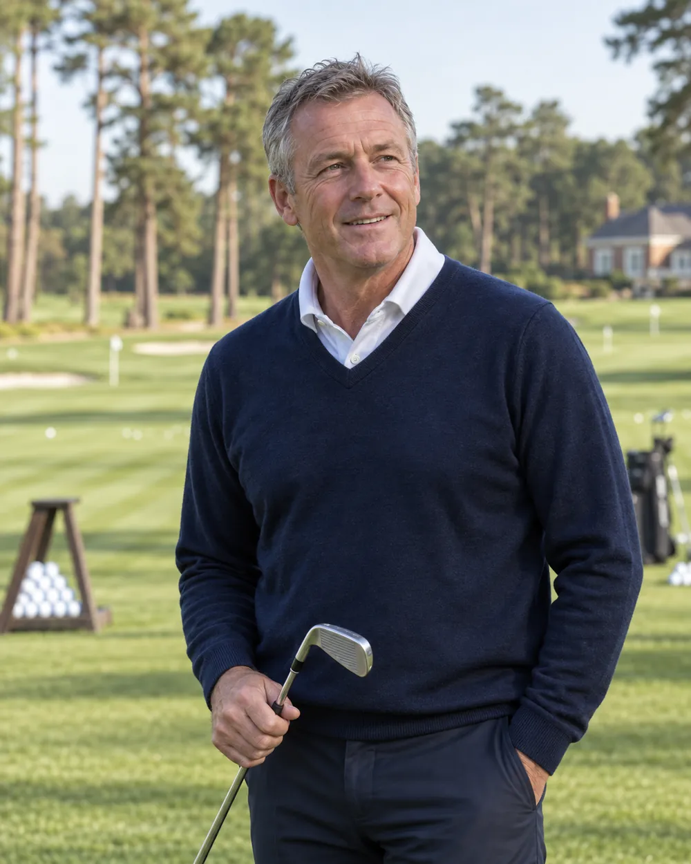 Tom Ashworth, Head Professional, on the practice ground with an iron in hand.
